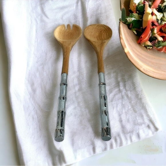 Serving Silverware Wooden Stainless Steel Fork and Spoon Servers 2Pcs SALAD SET - Picture 1 of 5